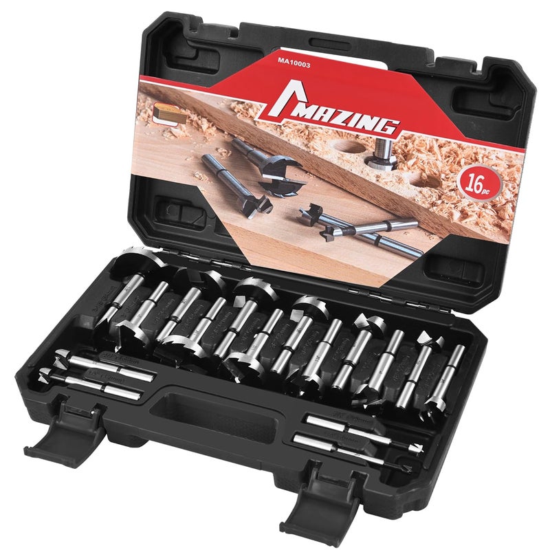 MAZING 16PCS Forstner Drill Bit Set for Woodworking, Auger Opener Round Shank Drilling Cutting Tool, Alloy Steel Ideal for Hard & Soft Wood, Plastic, Plywood - Image 1